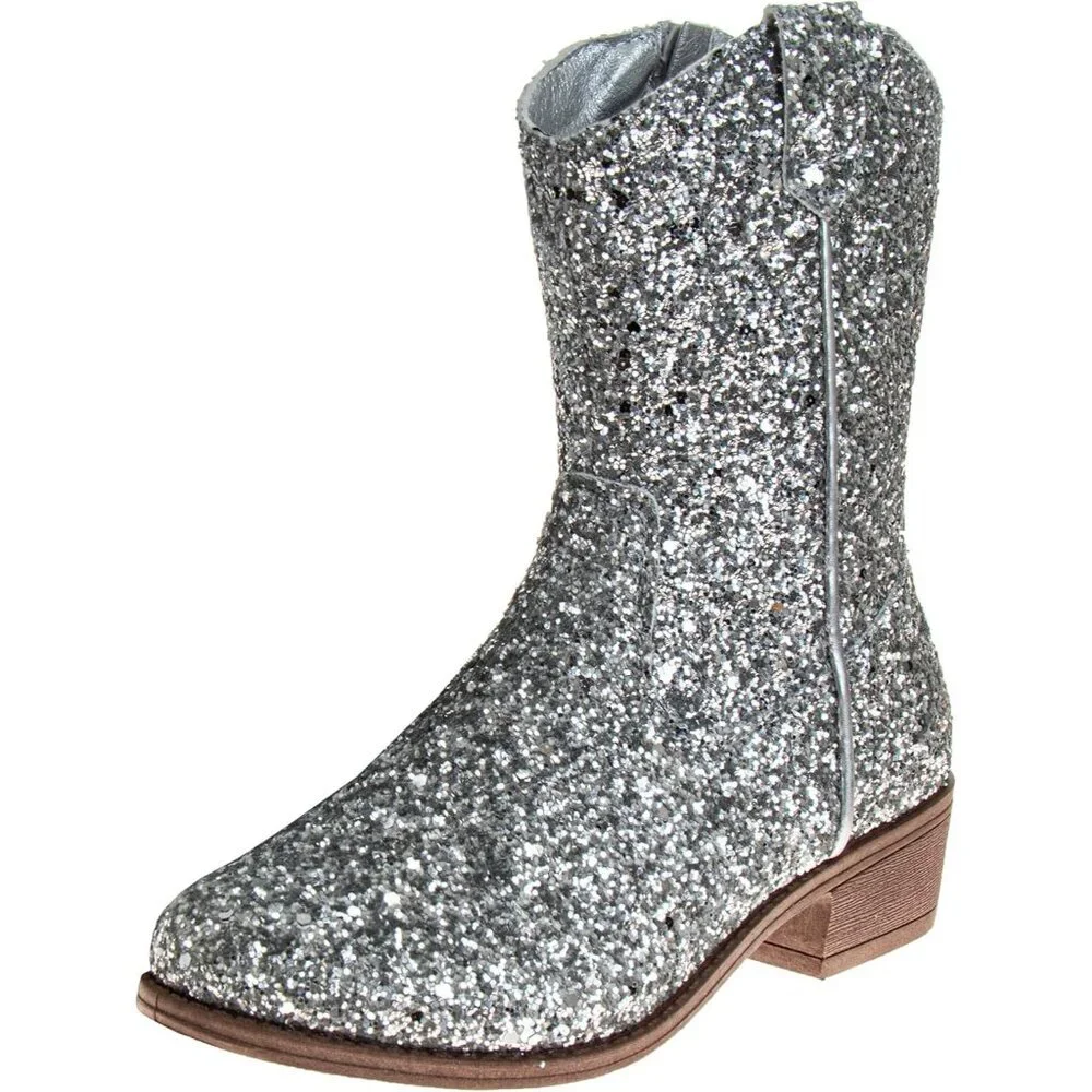 ⚡Girls Silver Glitter Manmade Glitter Cowgirl Mid Calf Cowboy Western Boots